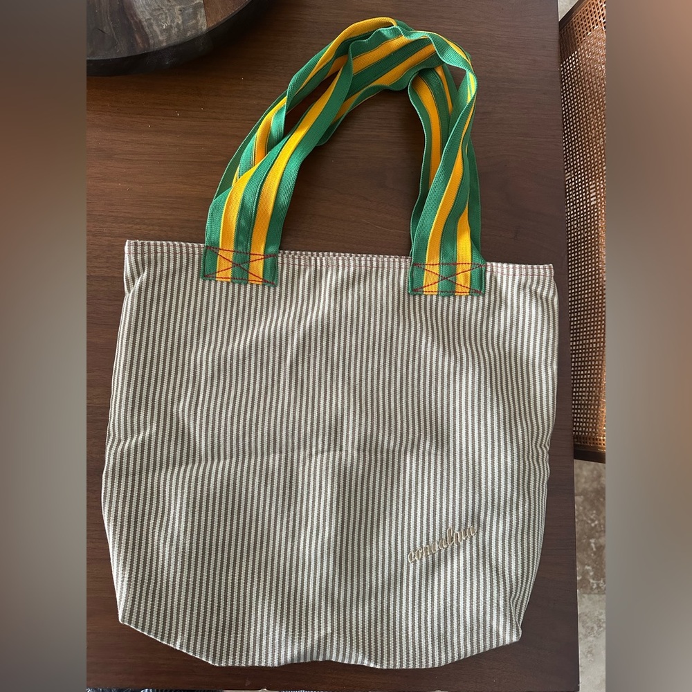 Striped Tote Bag with Green and Yellow Straps